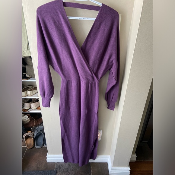 V Neck Batwing Long Sleeve Wrap Cozy Fall Sweater Dress - Picture 3 of 9